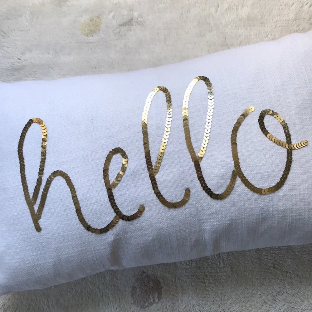 Indaba Trading 100% cotton decorative Throw Pillow Hello in gold sequins